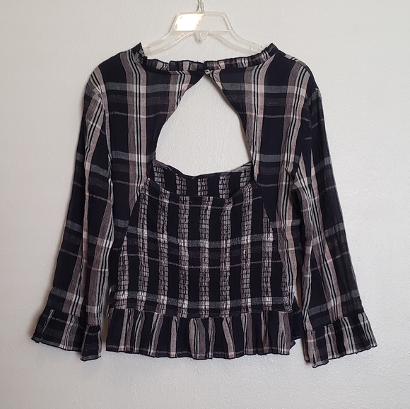 Free People NEW Plaid Shirred Ruffled Top - Picture 2 of 7